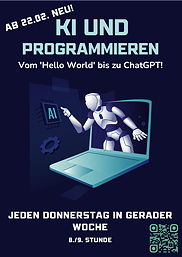 Der Ausschnitt aus dem Plakat zur AG zeigt einen Roboter, der aus einem Laptop-Monitor auf den Knopf 'AI' drückt.