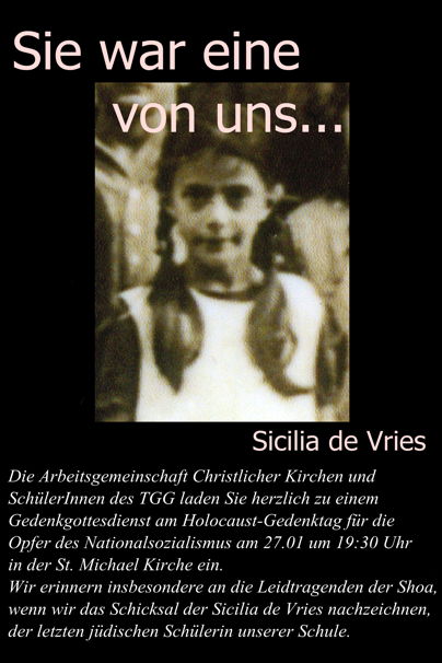 Plakat für den Gedenkgottesdienst mit Foto von Sicilia de Vries
