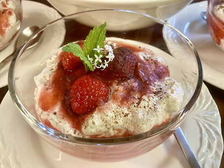 Das Foto zeigt Erdbeeren auf Quark mit Sahne im Glas.