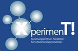 Das Logo des Forschungszentrums NordWest für Schülerinnen und Schüler zeigt Moleküle auf blauem Grund mit der weißen Aufschrift 'XperimenT!'.