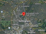 Das Bildschirmfoto zeigt einen Ausschnitt aus Google Maps mit Nottingham und dem Sitz der Schule.