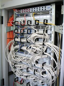 Foto des Schranks mit den Switches und Patch Panels